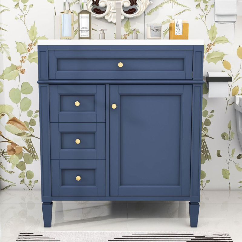 Clista Bathroom Vanity with Top Sink and 2 Drawers and a Tip-out Drawer, Blue