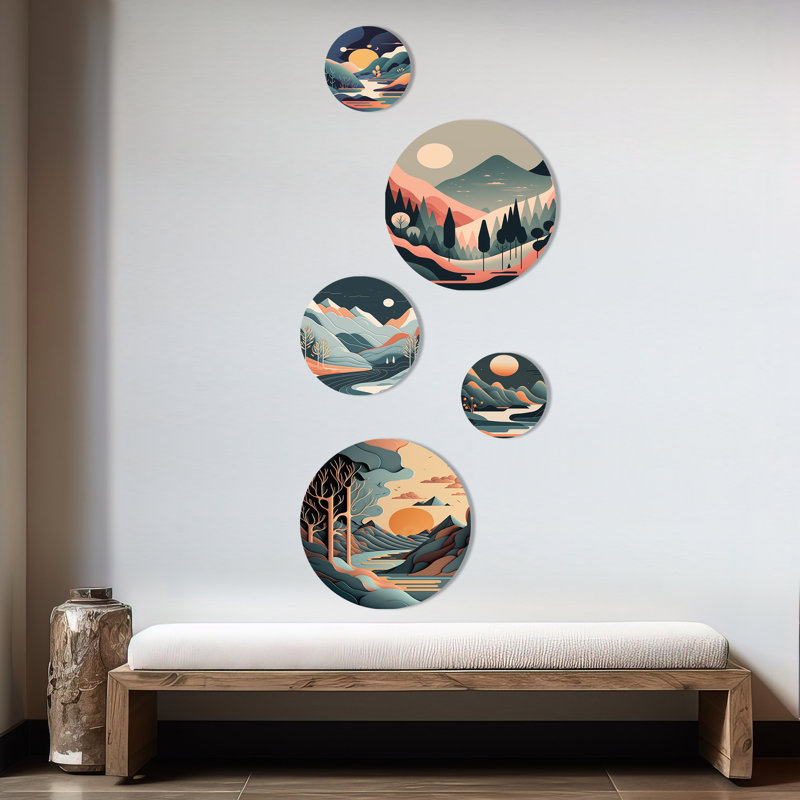 Ensemble de 5 décorations murales bleues avec 5 arbres de montagne