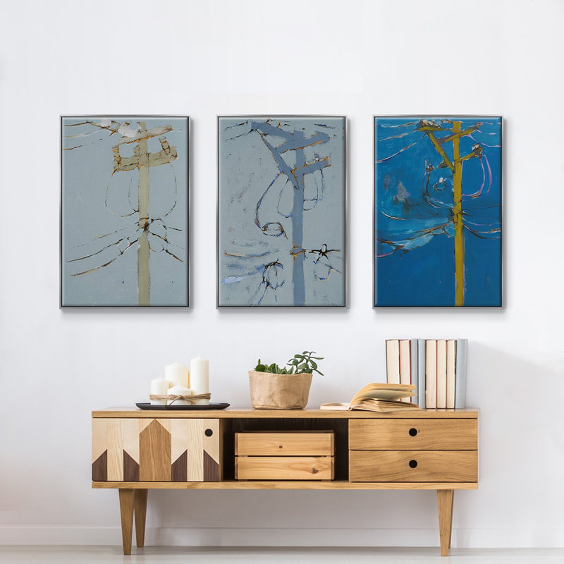 Wires IV encadré sur toile 3 pièces, H 36 po x l 72 po x P 2 po, Encadrement argenté