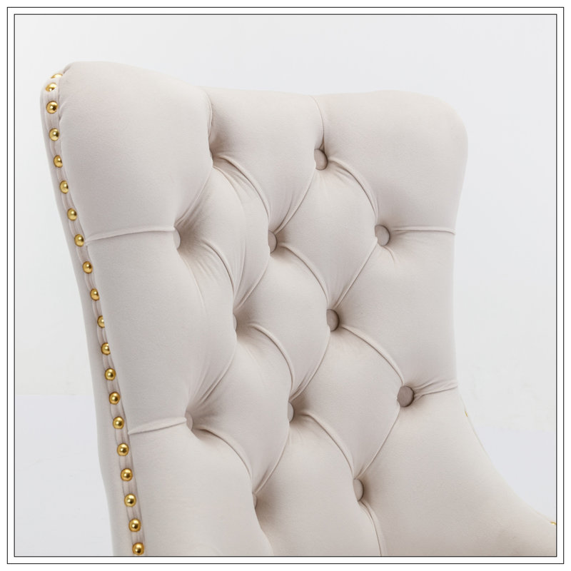 Chaise de salle à manger rembourrée en velours moderne avec anneau à tirer (ensemble de 2), Beige, Doré
