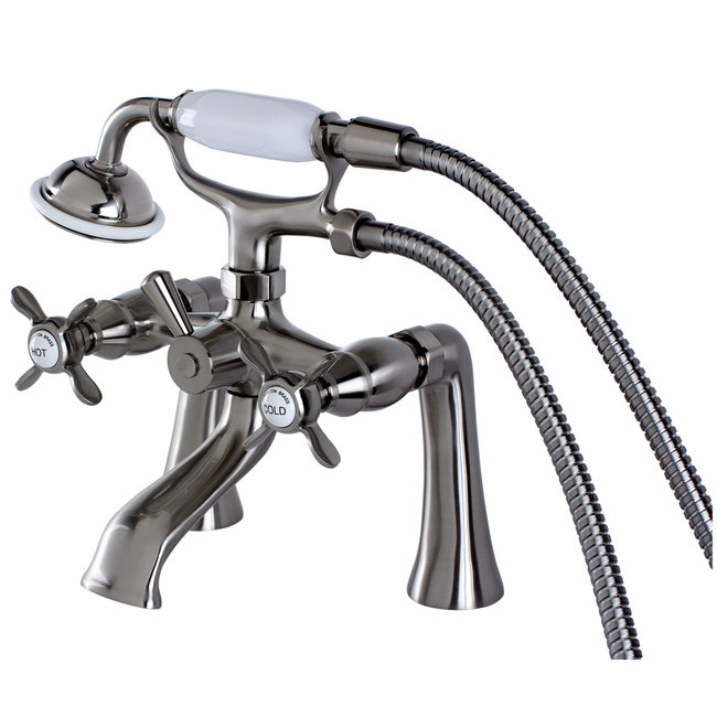 Kingston Brass Essex Three-Handle 2-Hole Deck Mount Clawfoot Tub Faucet with Hand Shower, Brushed Nickel