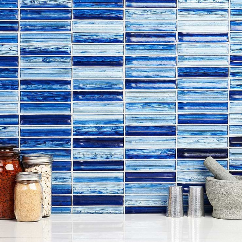 Maya Stacked 12x12 Polished Glass Mosaic Tile, Stacked Azur