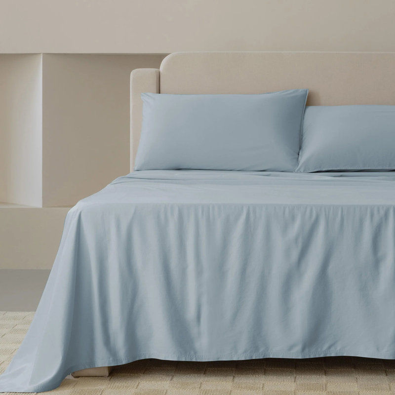Drap de coton Tencel double couture uni 4 pièces , Ensemble de draps pour grand lit, Bleu Windward
