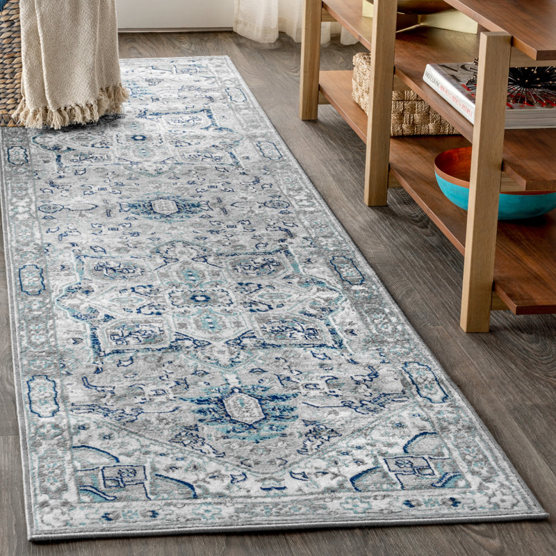Lazaro Modern Persian Vintage Medallion Light Gray/Blue Rug, Runner 2'3" x 8'