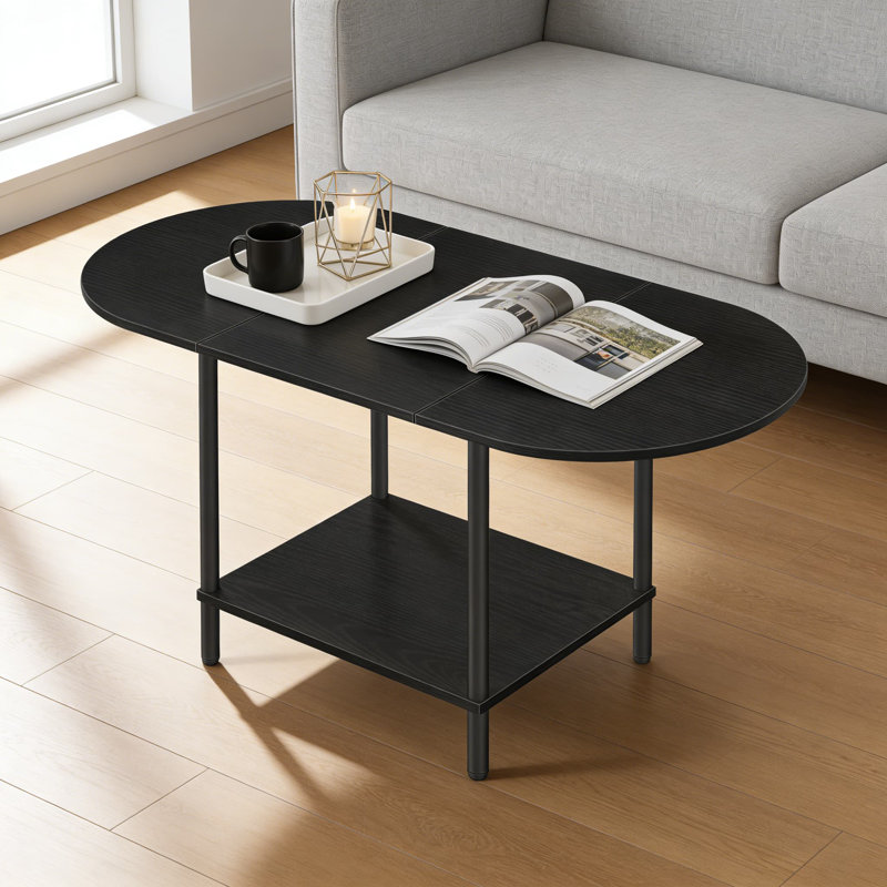 Table basse de style Mid-Century moderne avec tablette de rangement, table de cocktail ovale à 2 niveaux pour les petits espaces, table de salon de style campagnard avec plateau en bois robuste et structure en métal