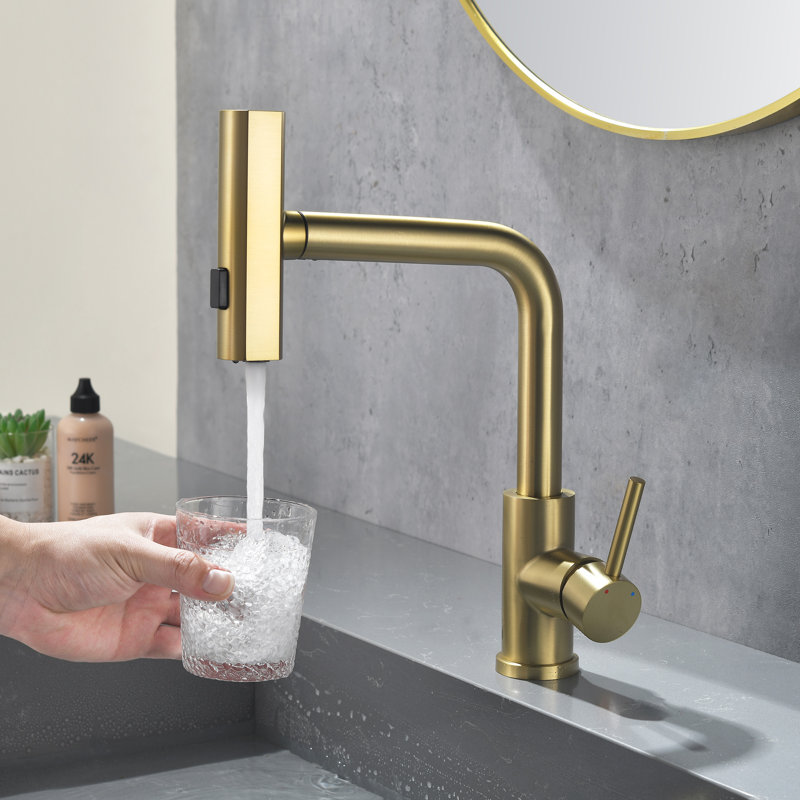 Deck Mounted Single Hole Single Handle Pull-Down Bathroom Sink Faucet, Brushed Gold