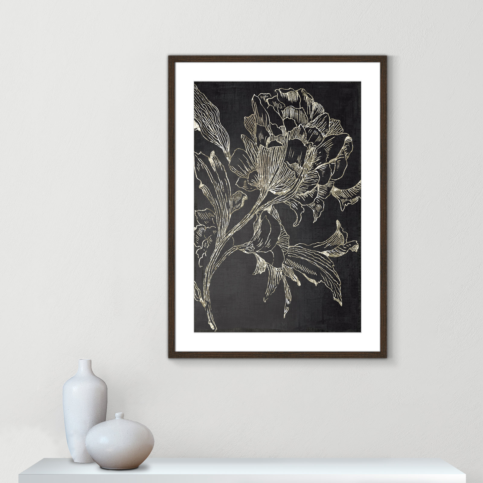 Golden Flower Folklore I by Asia Jensen - Picture Frame Graphic Art Print, Walnut Framed, 35.5" H x 25.5" W