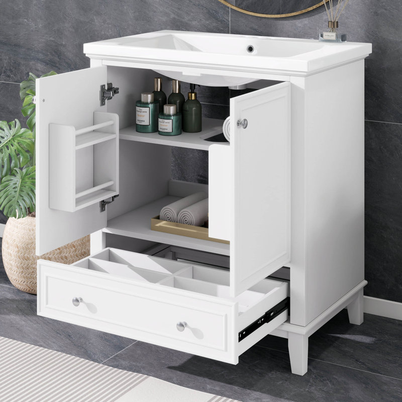 Meuble-lavabo autoportant en bois 30 po sans lavabo 30 po avec 2 portes et tiroir (lavabo non inclus), Blanc