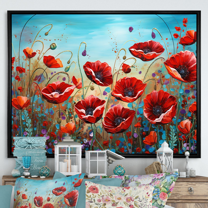 Red Poppies Blossoming III - impression, Cadre flottant noir, H 30 po x l 40 po x P 1,5 po