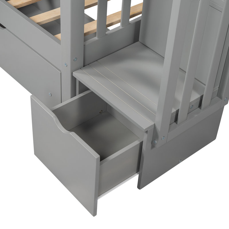 Lit superposé au-dessus d'un lit double gris, compartiments de rangement pour les livres, tiroirs robustes et stables à longue durée sous escalier à quatre compartiments