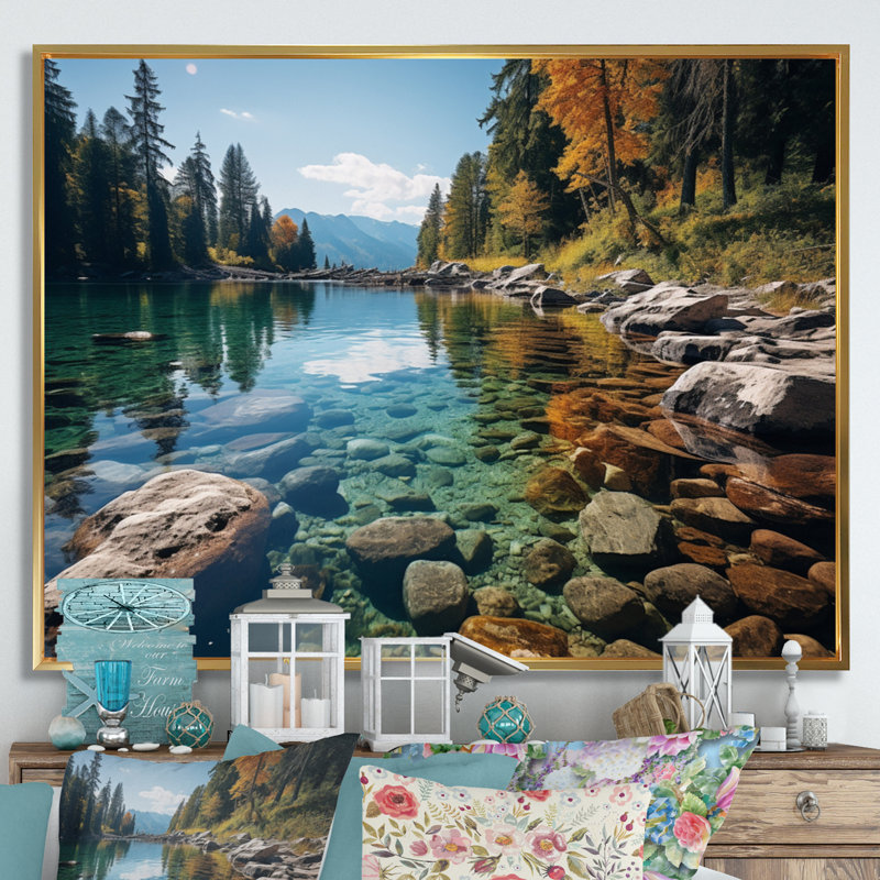 Lakeside Retreat I - Art mural pour salon Lakehouse, Cadre flottant doré, H 30 po x l 40 po x P 1,5 po