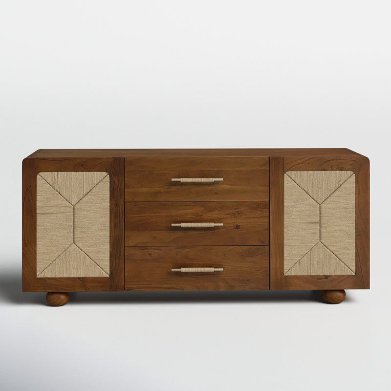 Wood Cabinet Acacia Oak Veneer Natural Wood Accents with Woven Inlay Doors Three Drawers Round Bun Feet Casual Home Style Storage Furniture