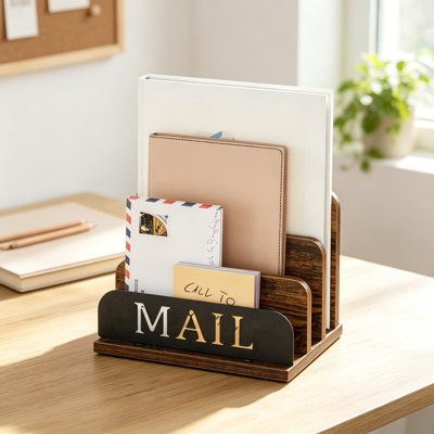 Mail Organizer Countertop, Desktop Mail Sorter with Three Slots, Rustic Wood Letter Holder for Desk, Office File Organizer and Document Sorter, Junk M