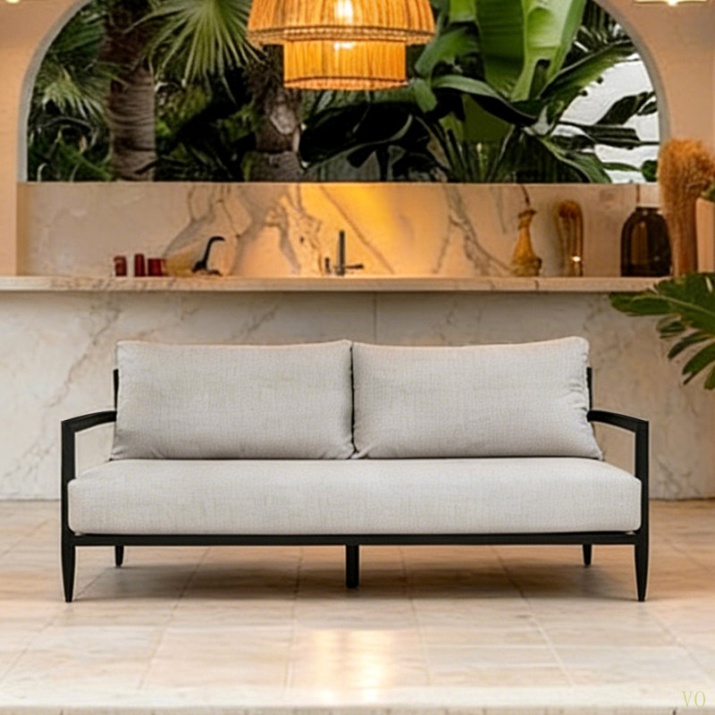 Modern Outdoor Fully Weld Bench Seat Sofa With Premium Aluminum Frame In Ember ,Sunbrella Cushion,Ergonomic Backrest,Tapered Legs & Center Support, Weather-Resistant For Patio, Garden, Balcony