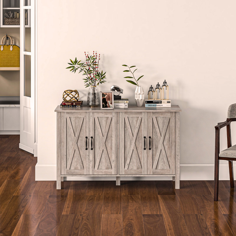 Zeinab Rustic X-Barn Door Sideboard-Multi-Functional Coffee Bar Cabinet with 4 Barn Doors and 2 Adjustable Shelves, Beige
