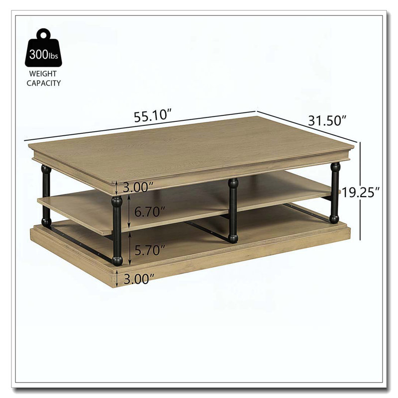 Table basse en bois 55,1 "avec pieds noirs, 2 tablettes de rangement ouvertes, Brun, Noir brun