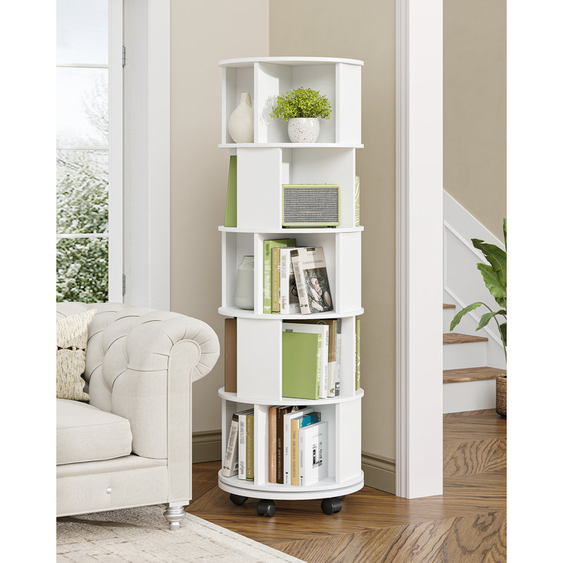 Rotating Bookcase, 360° Rotating Bookshelf with Wheels, 5-tier Storage Shelf, Spinning Bookshelf with Fixed Casters for Living Room, Study, Office, White, 45 x 45 x 161.5 cm 