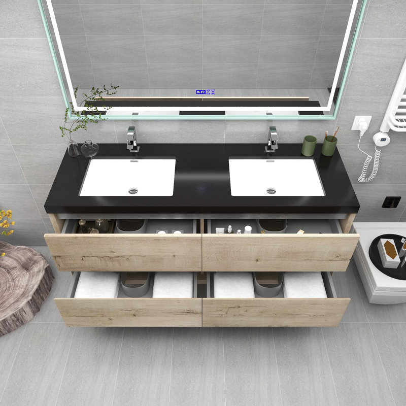 Smariti 60" Wall-Mounted Double Bathroom Vanity Set, Light Oak