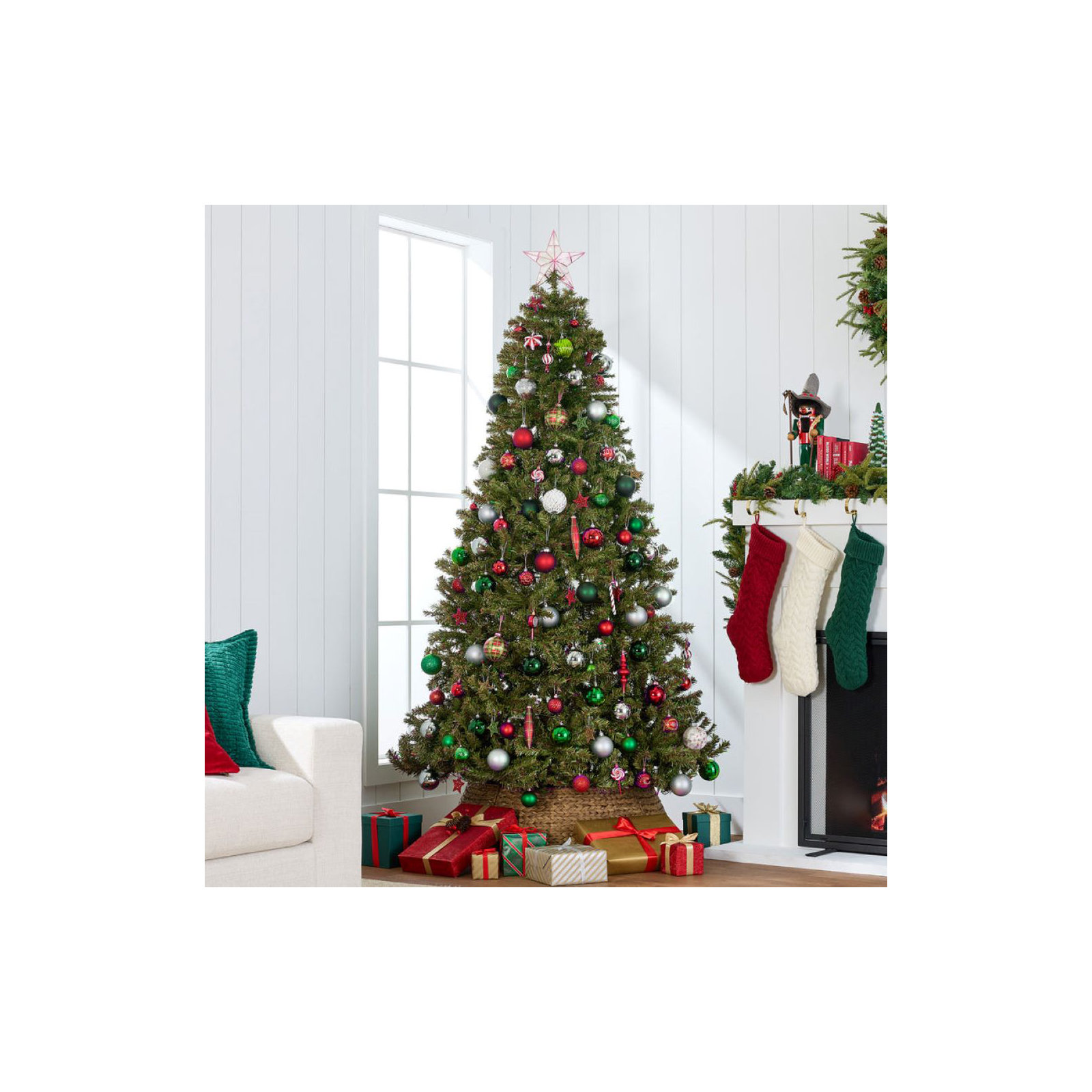 Pre-Lit Spruce Hinged Artificial Christmas Tree w/ Incandescent Lights, Foldable Stand, 9ft