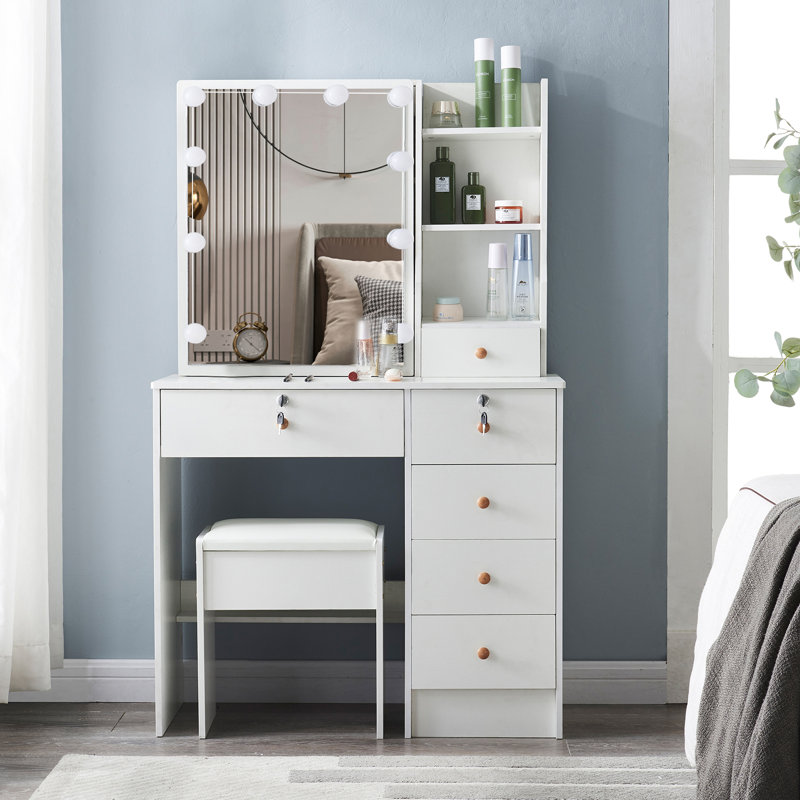 Amarula Small Vanity with LED Light Mirror,Ample Storage Space with 6 Drawers & Detachable Light Bulbs,Dressing Table with Stool for Bedroom
