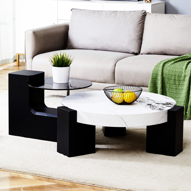 The Detachable Double-Decker Coffee Table, White Marble, Black