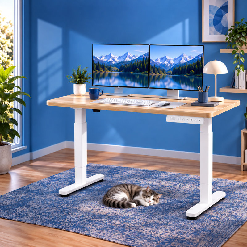 Bureau assis-debout électrique réglable en hauteur de 112 cm (44 po) de large avec 4 positions mémorisables et crochets, idéal pour le télétravail et les jeux vidéo.