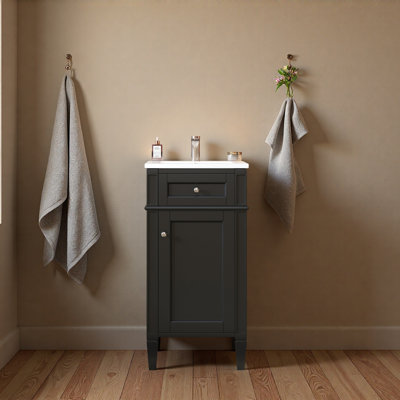 16-Inch Bathroom Vanity With Ceramic Sink, Freestanding Single Vanity Set With Soft Closing Door, Adjustable Shelf, French Style, Solid Feet