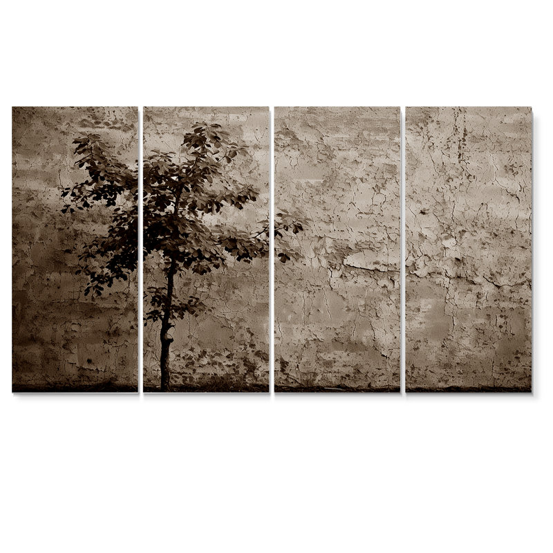 Arbre simple devant un mur - ensemble d'art mural arbre monochrome 4 pièces, H 32 po x l 64 po