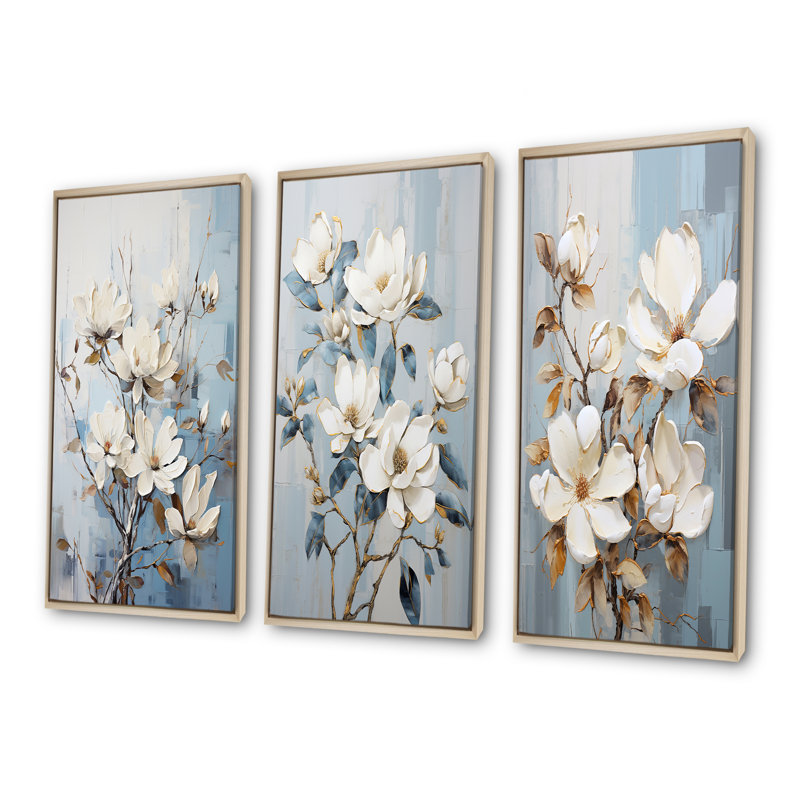 Minimalisme blanc et bleu Magnolias Florescence - Magnolias, ensemble de 3 impressions sur toile, Cadre flottant brun
