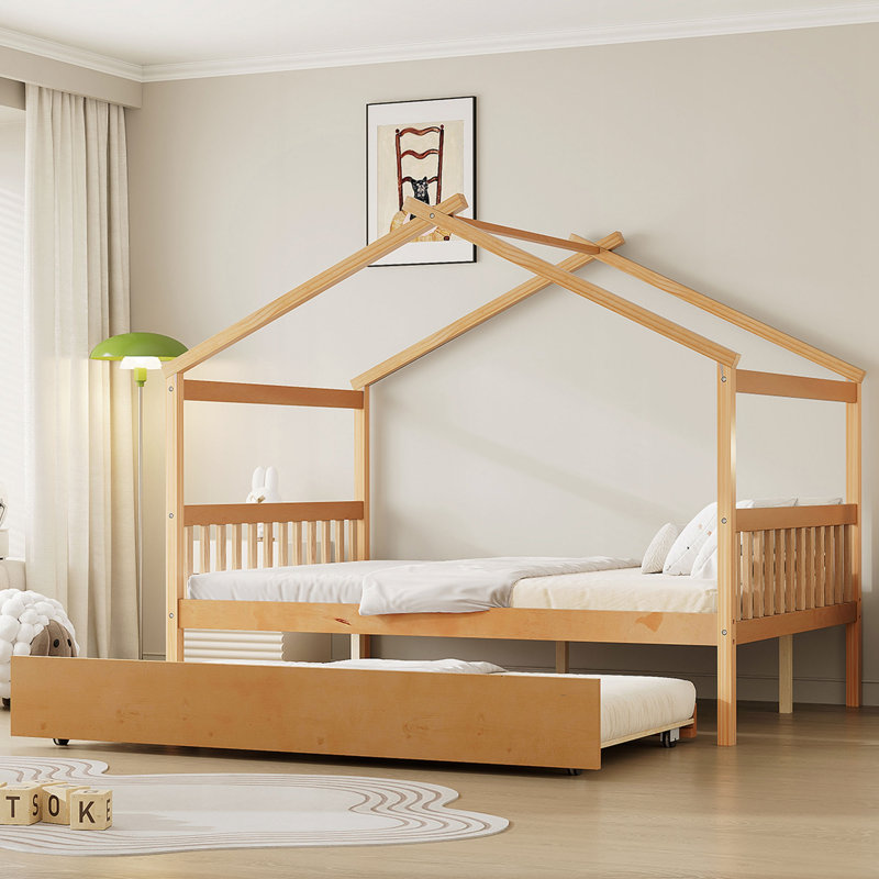 Lit double en bois avec lit gigogne simple, Naturel