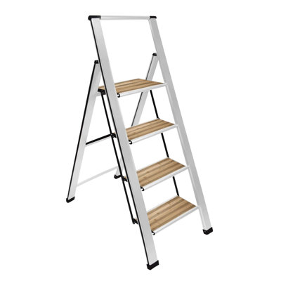 Échelle moderne en bambou 4 marches Sorfey Premium. Léger, profil ultra mince, marches antidérapantes, robuste et portable pour la maison, le bureau, la cuisine, la photographie, finition en aluminium noir