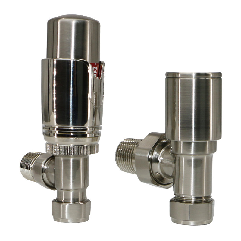 Thermostatic TRV Radiator Heated Towel Rail Valves Angled 15Mm X 1/2" Pair, Satin Nickel