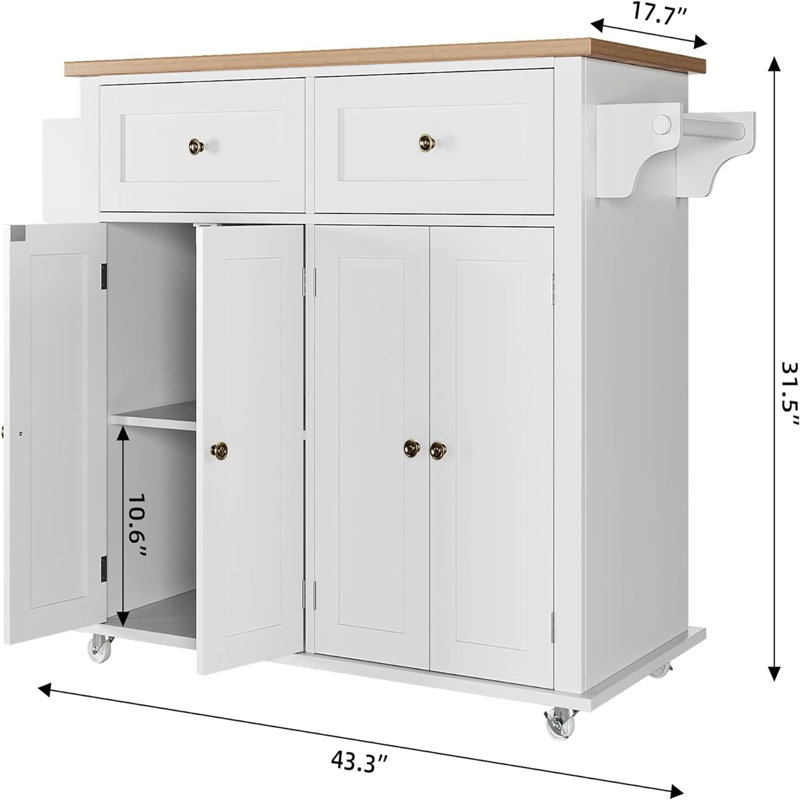 Chariot pour îlot de cuisine avec plateau en bois massif, table à roulettes portable sur roulettes avec tiroir et armoire de rangement, porte-épices, porte-serviettes