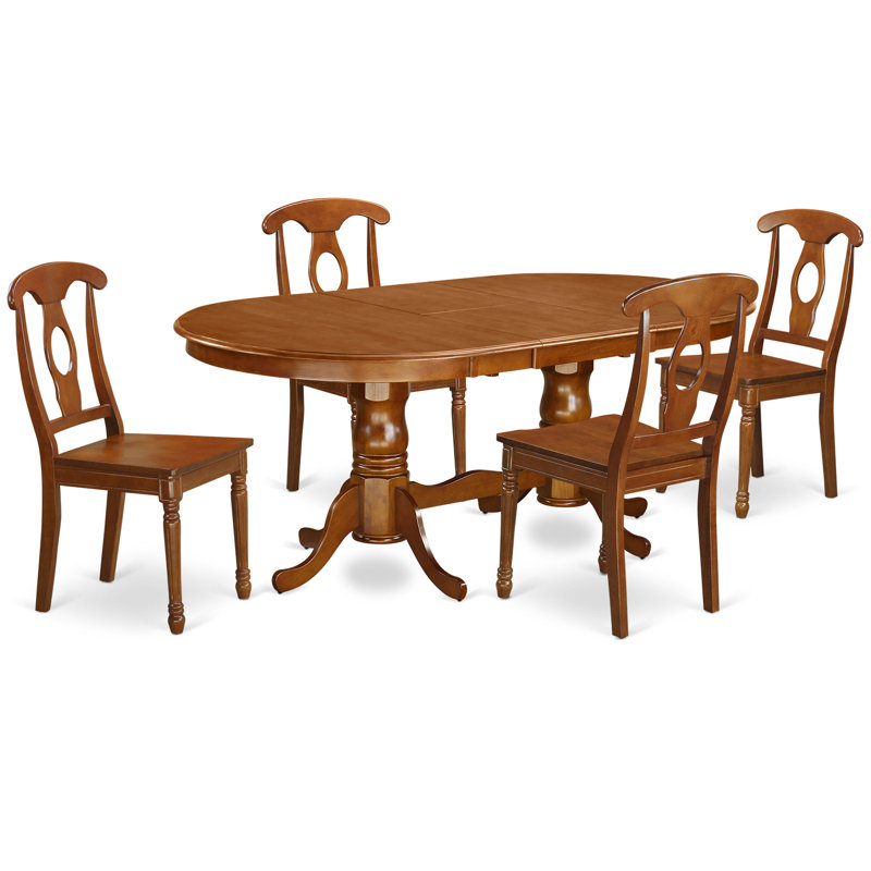 Ensemble de salle à manger 5 pièces comprenant une table ovale avec rallonge papillon et 4 chaises en bois, 107 x 198 cm, brun selle
