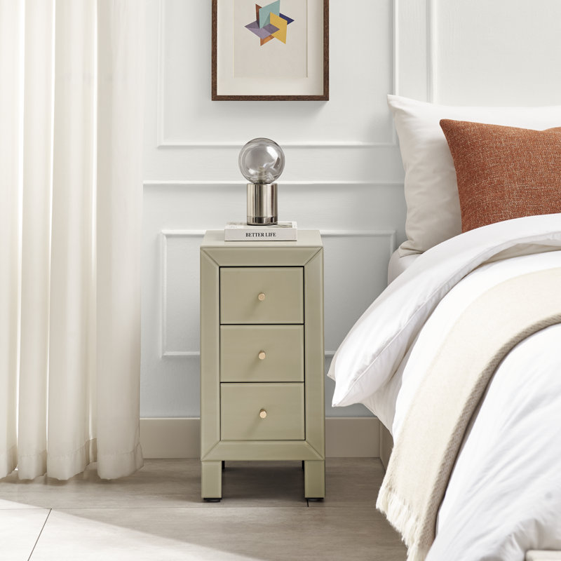 Nekizia Small Slimline 3 Drawer Mirrored Bedside Cabinet - Luxury Modern Bedside Table Nightstand, Taupe