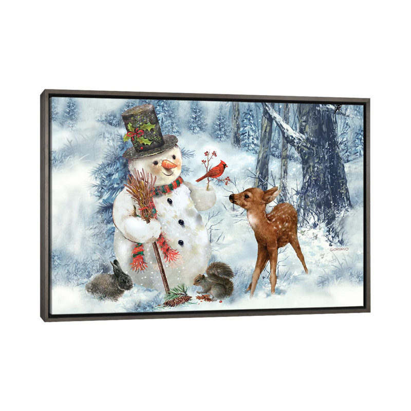 « Woodland bonhomme de neige » par Giordano studios-impression, Toile encadrée de bois rustique foncé, Pas de tapis