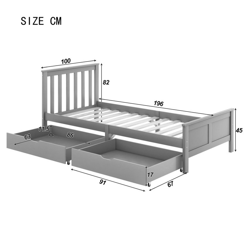 Petterson Single (3') Standard Bed Frame with Storage Included, Grey