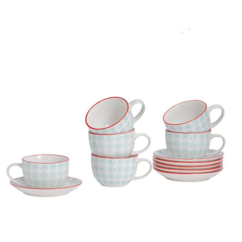 Porcelain Teacup and Saucer, 12, Turquoise/Red