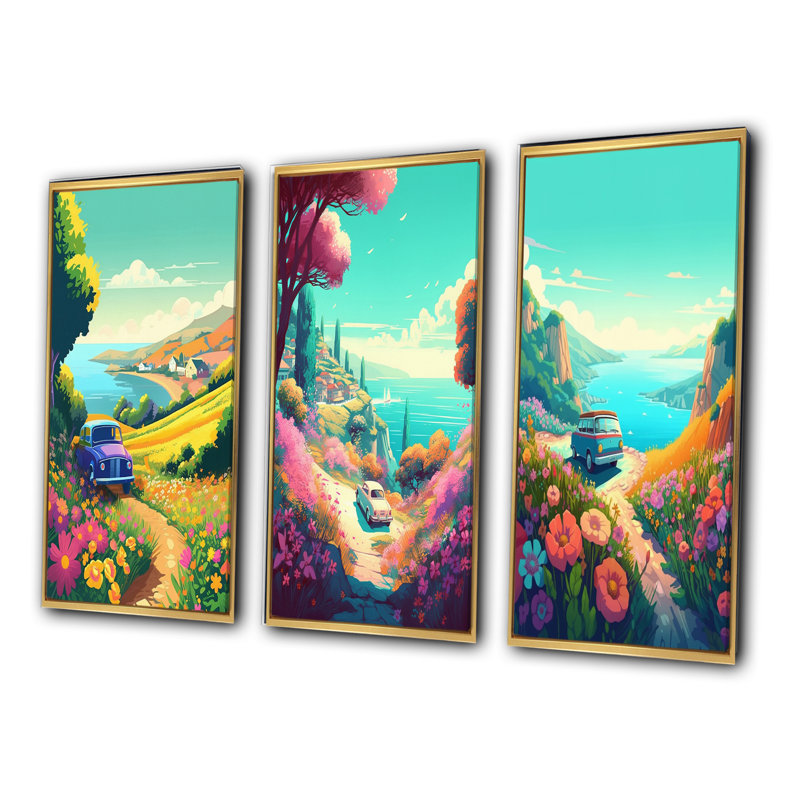 «Seaside Drive», 3 pièces sur toile, Cadre flottant doré, H 28 po x l 36 po