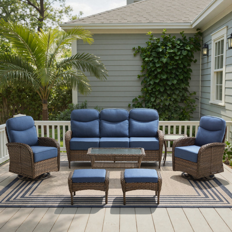 Alakai 7 Piece Outdoor Wicker Garden Party Conversation Set With Swivel Chairs, Sofa, Ottomans And Tables, Blue