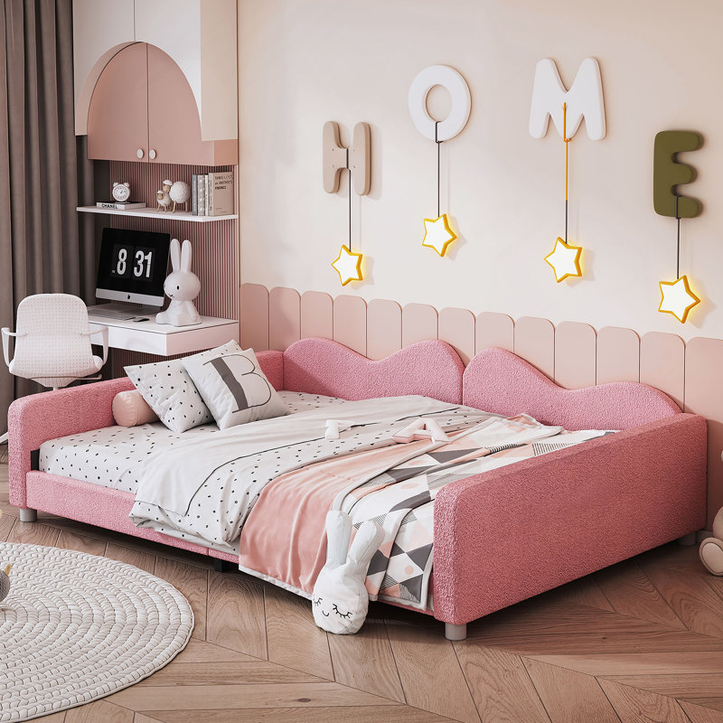 Full Size Upholstered Daybed, Sherpa Fabric Sofabed With Cloud-Shaped Backrest, Pink