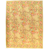 French Aubusson Wool Floral Area Rug in Light Green/Ivory