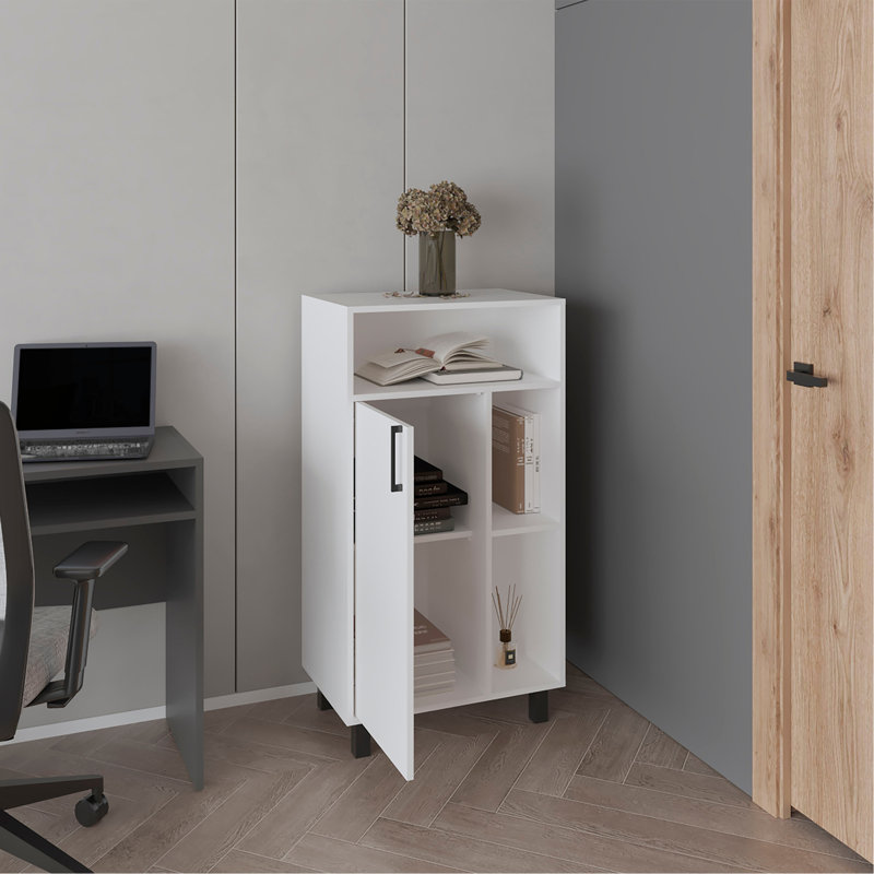 Armoire compacte Bryce, organisateur compact, avec une porte, tablettes ouvertes et espace d'exposition supérieur
