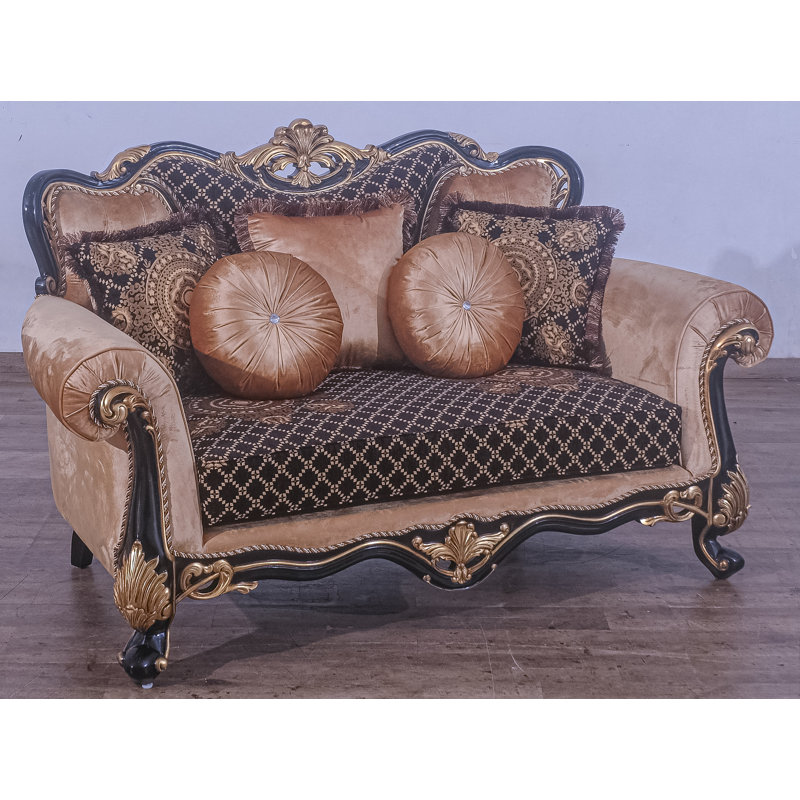 Causeuse de 73 po avec accoudoirs coussinés, Mélange de lin noir / doré, Brun