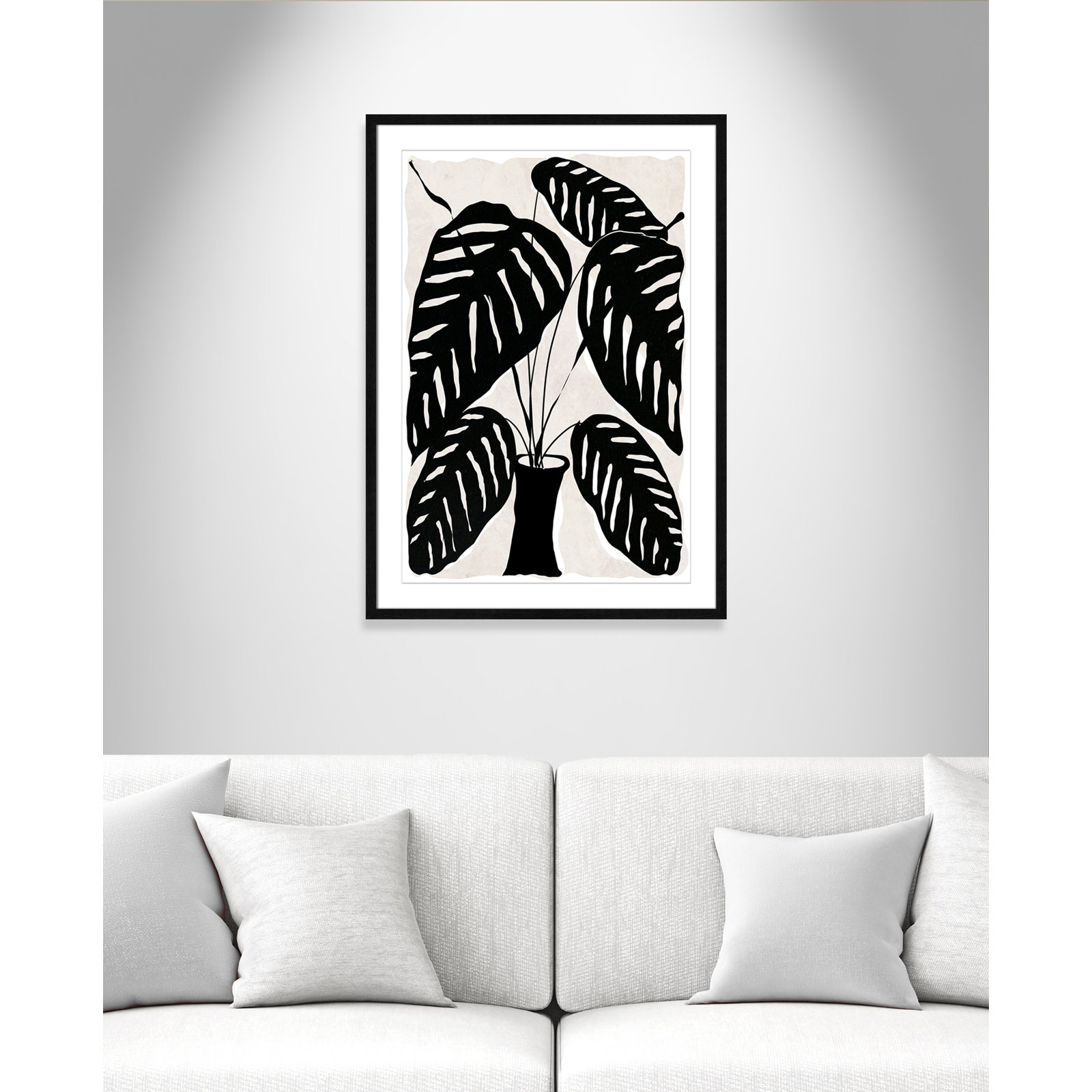 Black and White Potted Plant I Print, 35.5" H x 25.5" W x 0.75" D, Black Framed