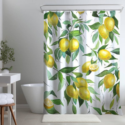 Lemon Pattern Yellow Leaves – Polyester Shower Curtain, Dye Sublimation Print, 71" W × 74" L