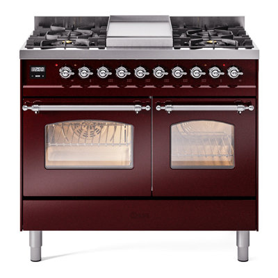 Cuisinière à double combustible de 40 po avec 6 brûleurs scellés et plaque chauffante (porte vitrée) ILVE Nostalgie II Series
