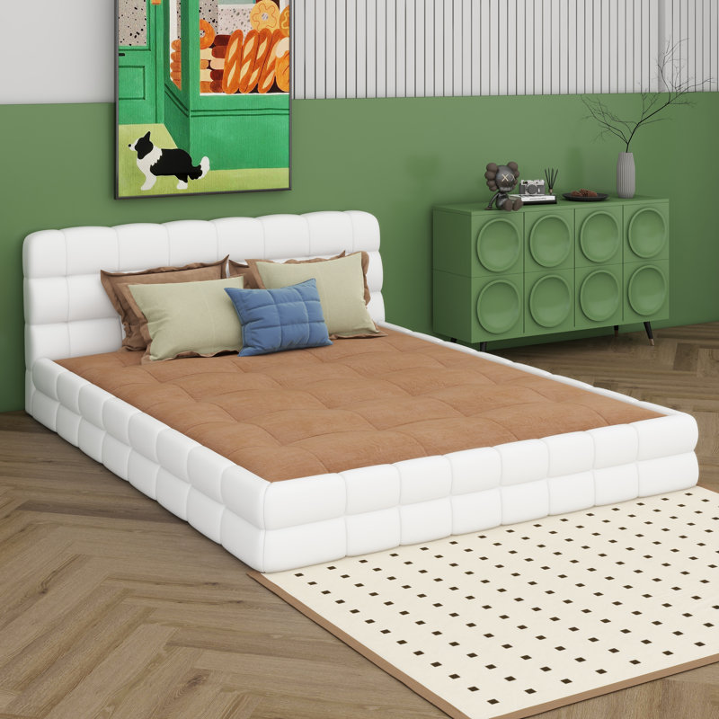 Grand lit plateforme tapissier, lit rembourré en molleton berbère avec support en lattes de bois, aucun sommier tapissier requis