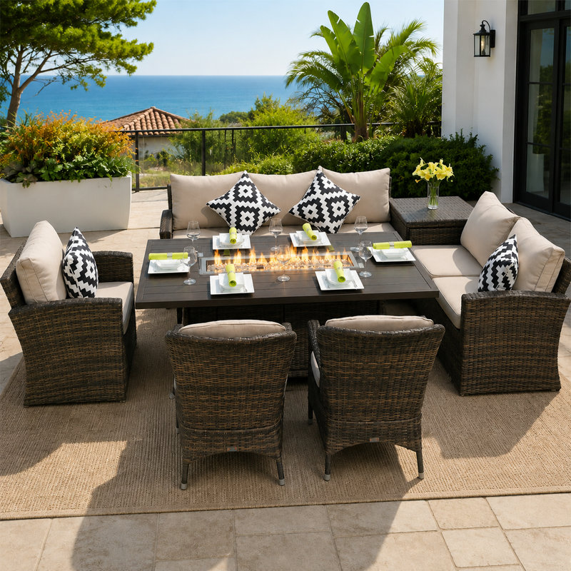 Floria Wicker 8 - Person Patio Conversation Set with Cushions, Brown/Beige, Beige