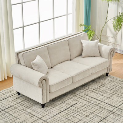 Chenille Sofa with Rolled Arms,Wood Legs and Nailhead Trim